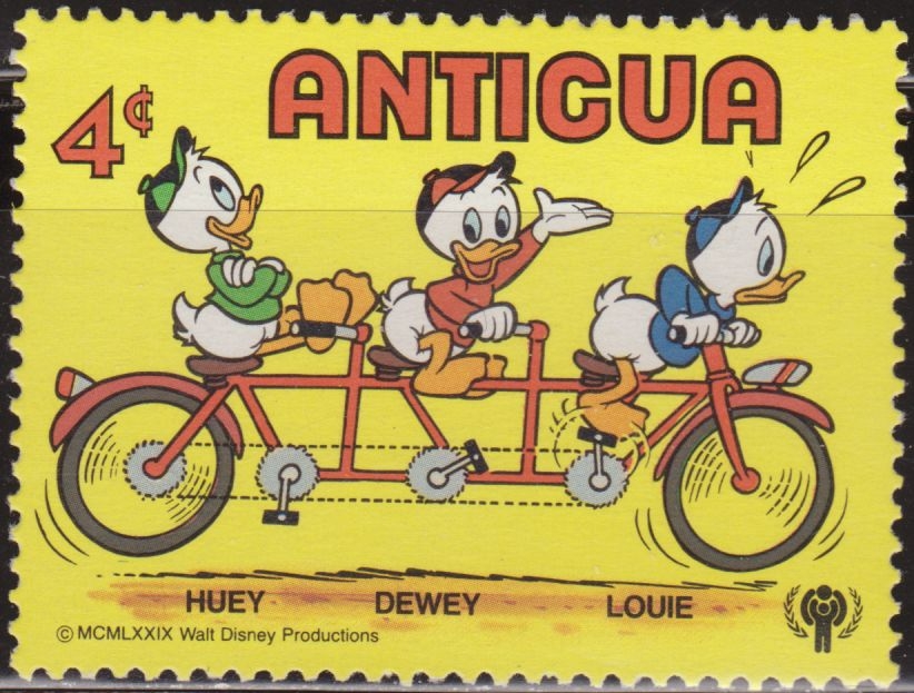 z vendido Antigua 1980 Scott 566 Sello ** Walt Disney Transporte Huey, Dewey y Louie Juanito, Jorgito y Jaimito 4c